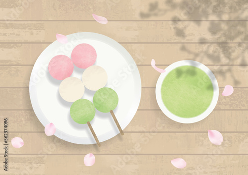 桜と三色団子と緑茶水彩画