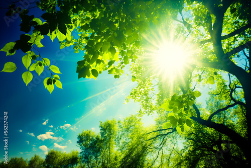 The glare of the sun in the tree leaves. Sunlight through the green tree branches, Generative AI. Spring, summer, enviroment and happiness concept background for banners. Design element.