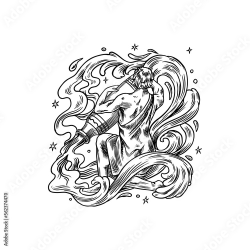 Aquarius Zodiac sign. Modern magic Astrological symbol. Illustration of horoscope. Boho design for witchcraft card. Hand drawn Engraved old monochrome sketch.