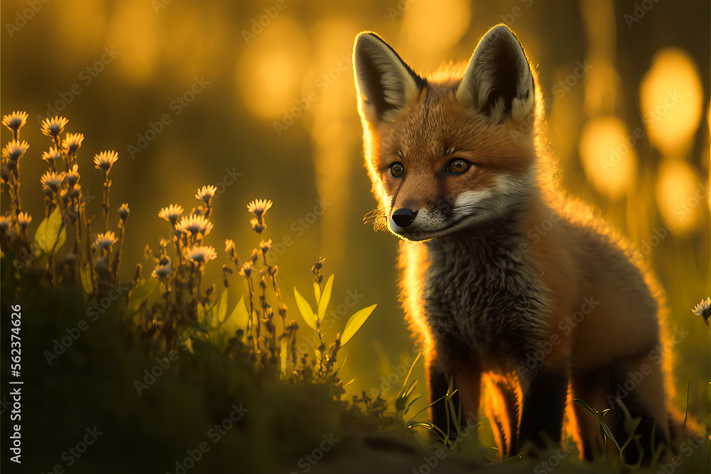 Small red fox, vulpes vulpes, young cub at sunset in the field. Cute little wild predator in nature, Generative AI. Cute fox cub for zoo or save planet banners.