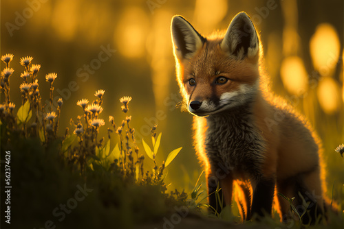 Small red fox, vulpes vulpes, young cub at sunset in the field. Cute little wild predator in nature, Generative AI. Cute fox cub for zoo or save planet banners.