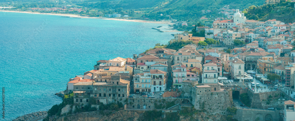 Aerial view of Pizzo Calabro, Calabria, tourism Italy. Panoramic view of the small town of Pizzo Calabro by the sea. Houses on the rock. 08-30-2022. Murat, aragonese castle