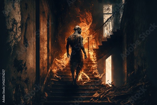 human spirit walking down from the stair while fire flame burning around, idea for haunted house Generative Ai