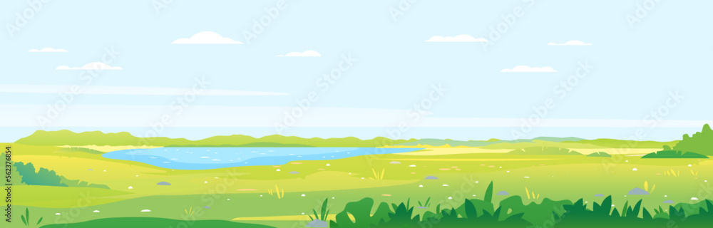 Green grass field with plants and lake in valley, summer walk in the nature, fields background in summer day with green grass, summer sunny glades illustration