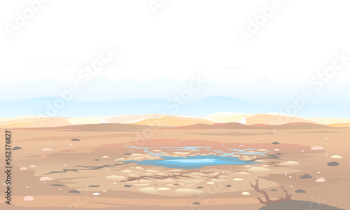 Desert landscape with cracks and stones at the bottom of the dry lake, arid deserted place without water and without plants, sand dunes to the horizon, climate change concept illustration