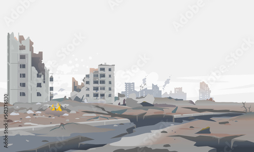 Destroyed city concept landscape background illustration, building between the ruins and concrete after earthquake with large cracks around, destruction panorama of residential neighborhood