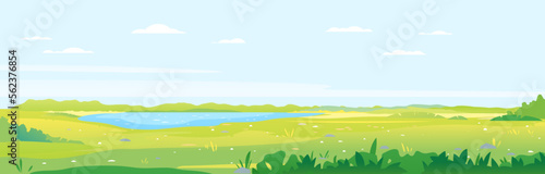 Green grass field with plants and lake in valley, summer walk in the nature, fields background in summer day with green grass, summer sunny glades illustration