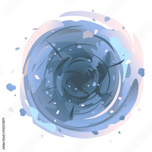 Maelstrom in top view of tornado spiral twists with dust and stones, illustration of dangerous natural phenomenon, isolated