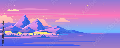 High mountain at night with spruce forest and clouds sky in simple geometric form, nature tourism landscape background, travel mountains adventure illustration