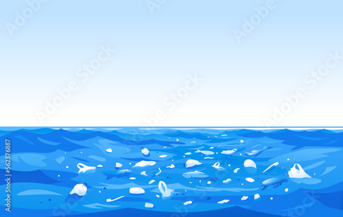 Water polluted of plastic trash, garbage in sea water ecological disaster concept illustration, environmental pollution, trash in seawater landscape background, dead fish in the ocean