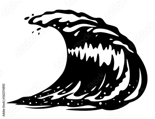 One big blue ocean wave in black and white colors, surfing wave isolated illustration