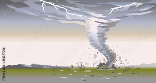 Tornado with spiral twists destroys all around in wild nature, the power of nature landscape background, dark sky with lightning