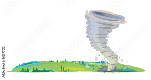 Tornado with spiral twists standing on the green field with plants, the power of nature concept illustration