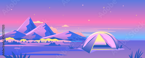 Modern oval orange tourist tent standing near the high mountains at night, camping travel concept illustration background
