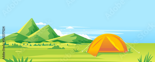 Modern oval orange tourist tent standing on green grass near the high mountains in sunny day, camping travel concept illustration background