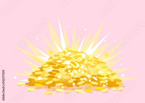 Heap of gold coins, big bright treasure of gold coins with bright lights illustration on pink background, wealth concept