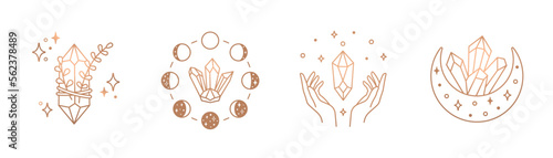Moon crystal, line art vector logo. Boho crystal with Phases of moon
