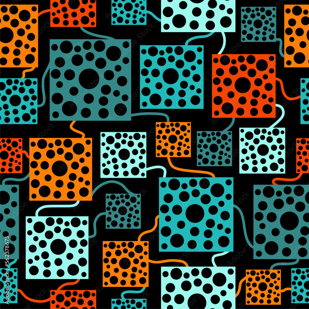 Colorful seamless pattern. Bright abstract squares and circles on black background. Print, textile, wrapping paper, fabric. Modern crazy shapes.