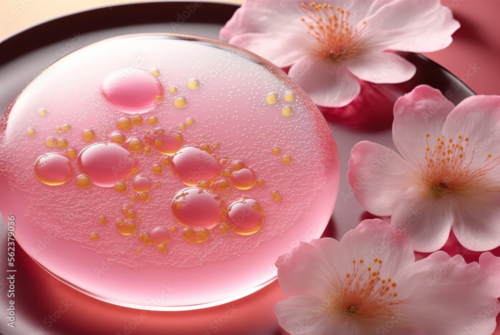 close up beautiful pink cherry blossom Raindrop cake, Raindrop soft jelly with cherry flowers, idea for summer or spring season dessert, Valentine's day theme dessert. Generative Ai close up beautiful pink cherry blossom Raindrop cake, Raindrop soft jelly with cherry flowers, idea for summer or spring season dessert, Valentine's day theme dessert. Generative Ai