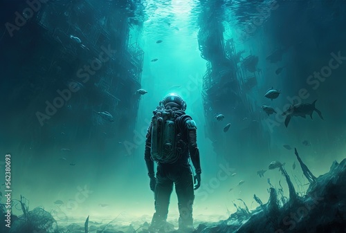 Photographie anime style illustration of  a man in wet diving suit, standing under water in f