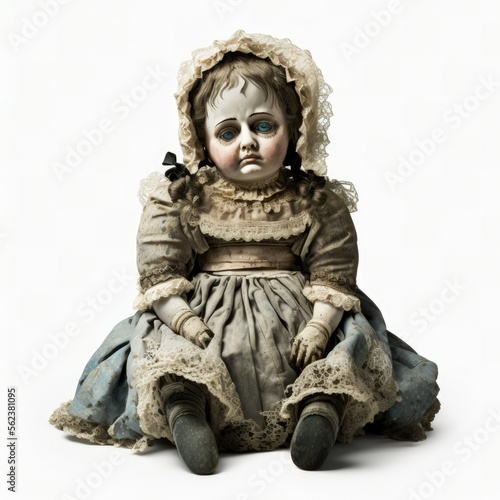 Haunted cursed Victorian-style creepy doll isolated on a white background, generative ai