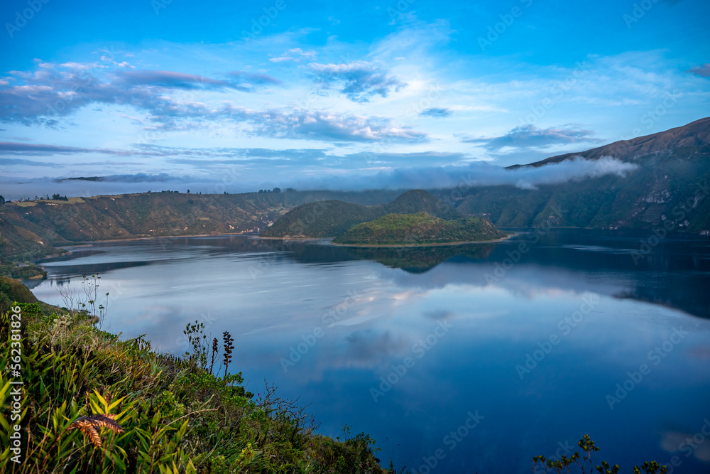 Obraz premium Cuicocha crater lake at the foot of Cotacachi Volcano in the Ecuadorian Andes.