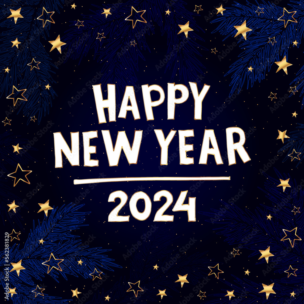 Fototapeta premium Happy New Year 2024. Festive blue banner of bright color with a stylized inscription, stars and blue fir branches. Vector illustration.