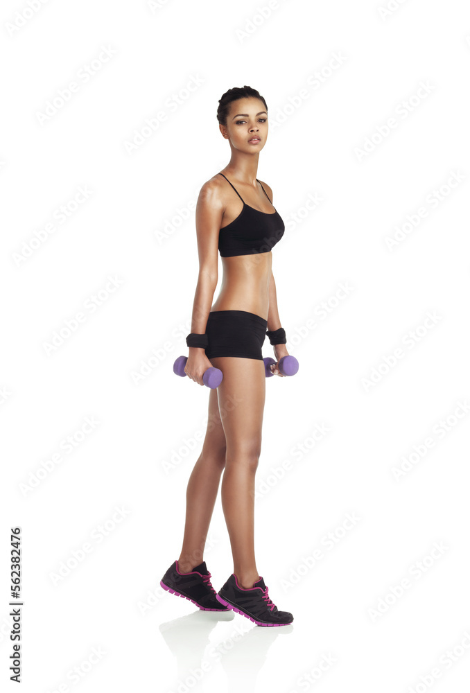 Fitness, dumbbells and portrait of a black woman athlete for healthy lifestyle and exercise. White background, isolated and health lifestyle of a woman for body cardio and sports workout training Fitness, dumbbells and portrait of a black woman athlete for healthy lifestyle and exercise. White background, isolated and health lifestyle of a woman for body cardio and sports workout training