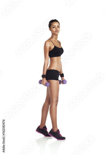 Fitness  dumbbells and portrait of a black woman athlete for healthy lifestyle and exercise. White background  isolated and health lifestyle of a woman for body cardio and sports workout training