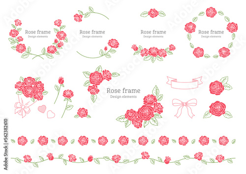 薔薇の花のデザイン用の装飾要素, フレームと挿絵のイラスト素材セット, ピンク色. バレンタインや結婚式のバナー, カード, ラベル, グラフィック.