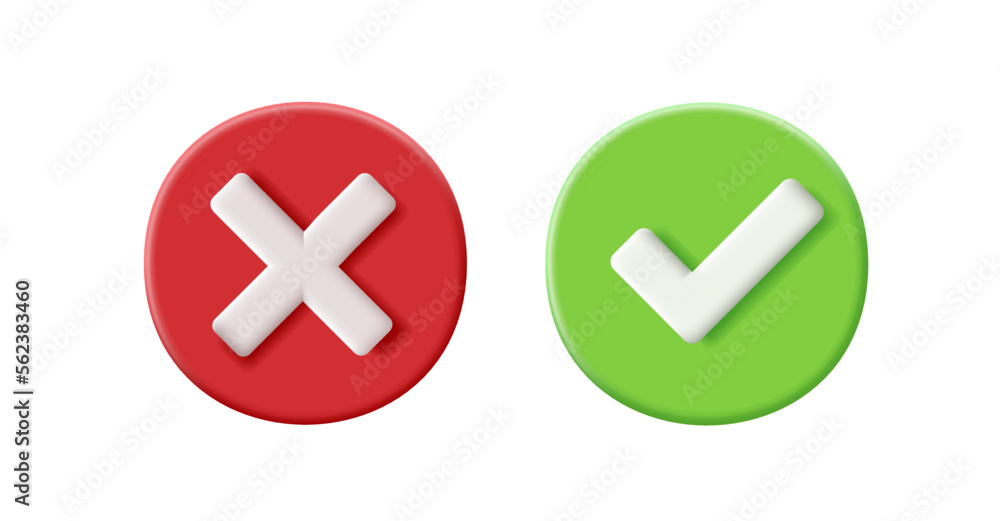 3D icon of a cross and a check mark in a circle, green and red color. Approved, rejected, true, false. Signs on a white background. 3D icon of a cross and a check mark in a circle, green and red color. Approved, rejected, true, false. Signs on a white background.