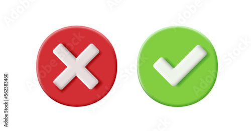 3D icon of a cross and a check mark in a circle, green and red color. Approved, rejected, true, false. Signs on a white background.