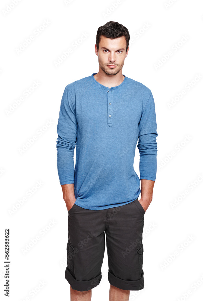 Man, studio portrait and casual fashion with serious face, style and focus by white background. Young isolated model, shorts and clothes with calm, relax or handsome with cool confidence in lifestyle Man, studio portrait and casual fashion with serious face, style and focus by white background. Young isolated model, shorts and clothes with calm, relax or handsome with cool confidence in lifestyle