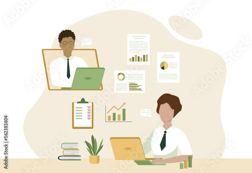 Business finance concept design with team of business people working online. Vector illustration of SEO solution and analysis of business data, presentations and marketing materials