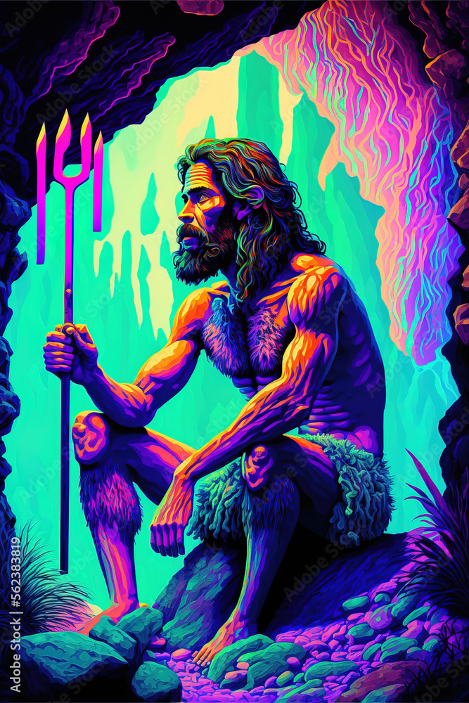 A cyber punk, neon, purple lights cave with a harpoon man in it. Abstract portrait of a caveman. Illustration. Generative AI.