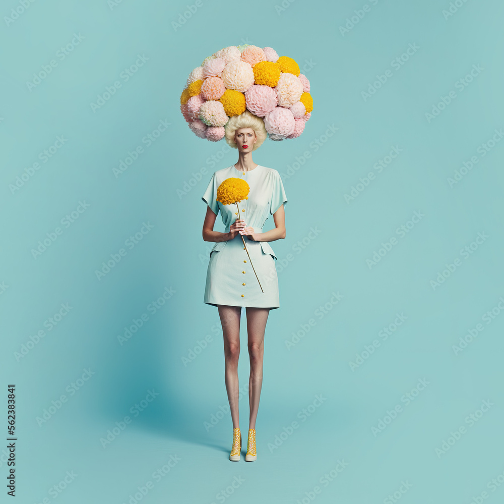 Abstract retro portrait of a woman who instead of a face has a huge bouquet of fresh flowers that she get from her man. Vintage illustration. Generative AI. Abstract retro portrait of a woman who instead of a face has a huge bouquet of fresh flowers that she get from her man. Vintage illustration. Generative AI.