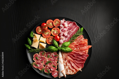 Italian salami, prosciutto crudo, and parma ham. appetizer platter. top view, black background, and text space. Generative AI