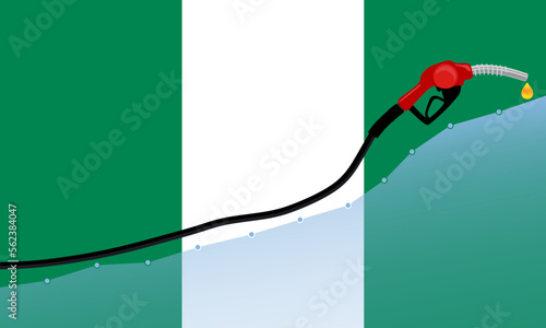 Rise in gasoline prices concept in Nigeria. Gasoline fuel pump nozzle with drop oil on Nigeria flag background. Growth bar chart prices. vector illustration