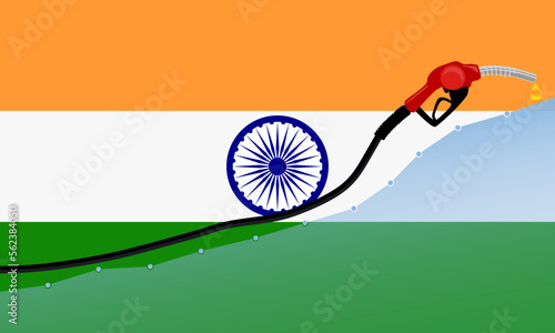 Rise in gasoline prices concept in India. Gasoline fuel pump nozzle with drop oil on India flag background. Growth bar chart prices. vector illustration