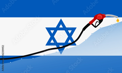 Rise in gasoline prices concept in Israel. Gasoline fuel pump nozzle with drop oil on Israel flag background. Growth bar chart prices. vector illustration