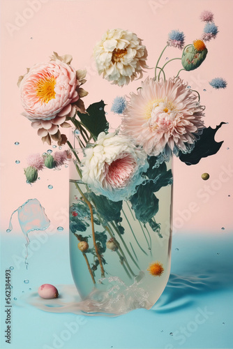 Underwater creative love concept of fresh Spring flowers in water background. Love is in the water, happy Valentine's Day. Pastel blue background. Illustration. Generative AI.