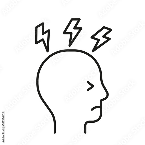 Head profile with stress, bad mental health and mood, line icon. Face with storm and lightning. Mind, psychology. Vector