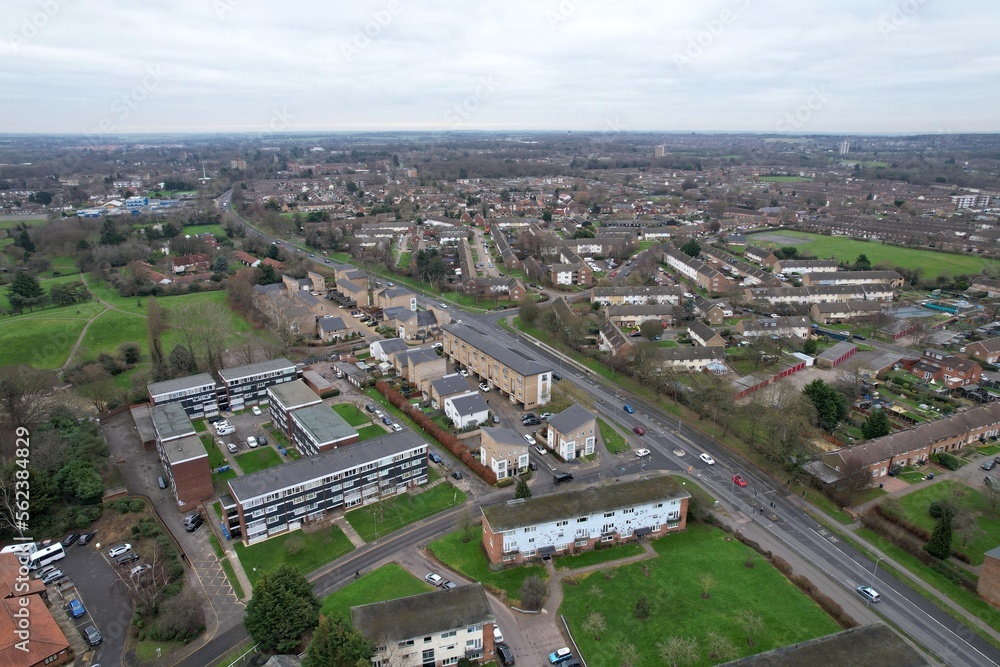Harlow Essex town centre streets and roads UK Aerial drone view