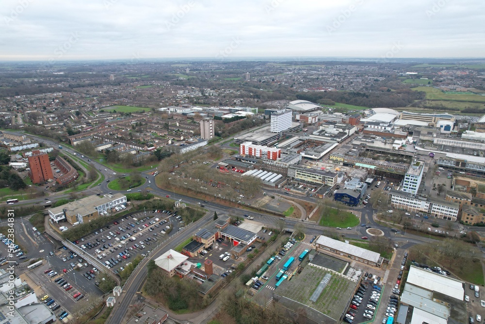 Harlow Essex town centre shopping centre  UK Aerial drone view - obrazy, fototapety, plakaty 