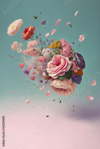 Cloud creative love concept of fresh Spring flowers in the sky background. Love, happy Valentine's Day an exploding bouquet. Pastel blue background. Illustration. Generative AI.