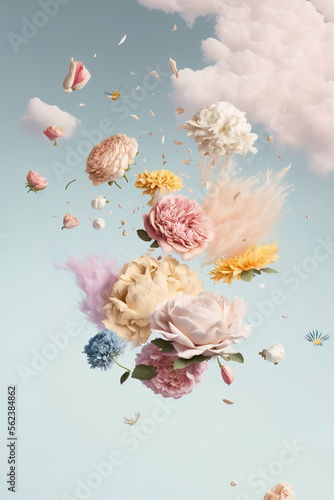 Cloud creative love concept of fresh Spring flowers in the sky background. Love, happy Valentine's Day an exploding bouquet. Pastel blue background. Illustration. Generative AI.
