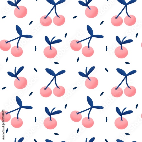 cute hand drawn seamless pattern with pink and blue cherries