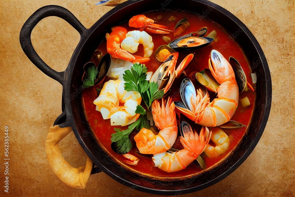Traditional Portuguese cataplana fish stew with seafood and vegetable