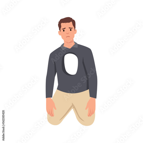 Young Lonely man with empty hole in chest, loneliness concept with sad person feeling alone. Flat vector illustration isolated on white background