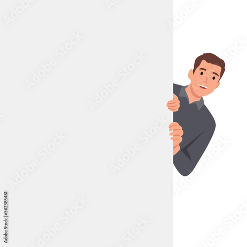 Young Curious Male Character Peeking From Behind Wall with Rectangular Shape and Looking Outside. Portrait of Cheerful Man Peeping or Watching for Something. Flat vector illustration isolated on white